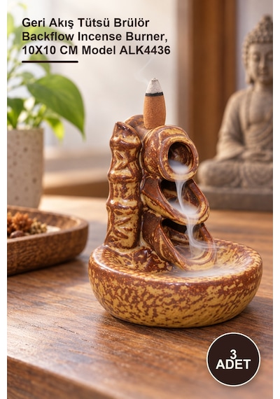 3 Adet Seramik Geri Akış Tütsülük Geri Akış Tütsü Brülör Backflow Incense Burner, 10x10 Cm Model Alk4436