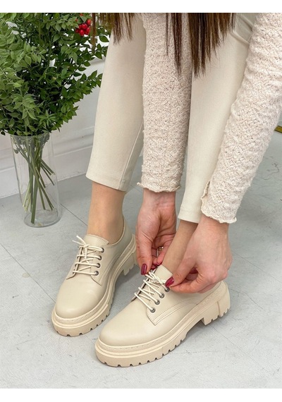Erva'nın Butiği Bej Cilt College Kadın Bağcıklı Loafer-4094