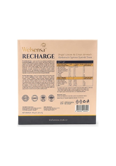 Recharge 20 Saşe, Şekersiz Elektrolit İçecek Tozu, Magnezyum Bisglisinat Ve C Vitamini, Limon & Citrus Aromalı