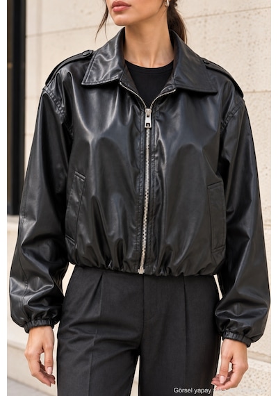 Polo State Kadın Siyah Suni Deri Fermuarlı Oversize Bomber Ceket