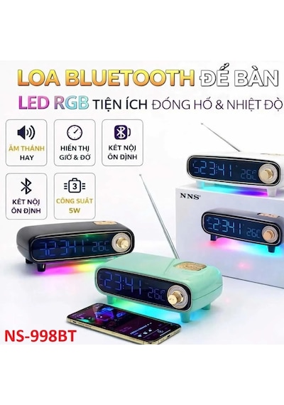 Nns Ns-998bt Bluetooth Çok Fonksiyonlu Hoparlör, Led Ekranlı Çalar Saat, Sıcaklık Göstergeli Fm Radyo Ve Rgb