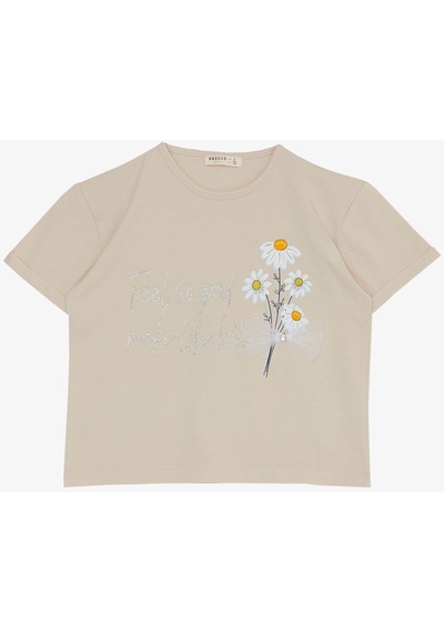 Breeze Kız Çocuk Taytlı Takım Çiçek & Yazı Baskılı Fiyonklu 5-10 Yaş, Bej-bej Bej