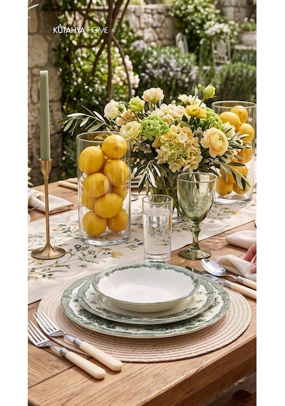 Green Romance 24 Parça Porselen Yemek Takımı, Yeşil Çiçekli, Kütahya Home Diğer