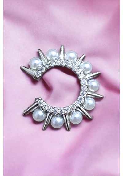 Zirkon Taşlı Boncuklu Gümüş Renk Earcuff Çok Renkli