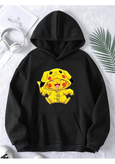 Startmore Adrift Unisex Erkek/kadın Pikachu Renkli Özel Baskılı Oversize Kapüşonlu Sweatshirt Beyaz Siyah