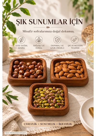 Bambu Kare 3'lü Çerezlik Kahverengi