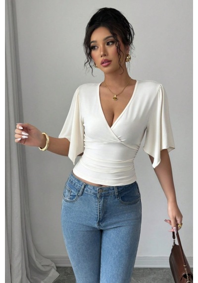Kadın Kruvaze Yaka Yarasa Kol Likralı Şık T-shirt Beyaz