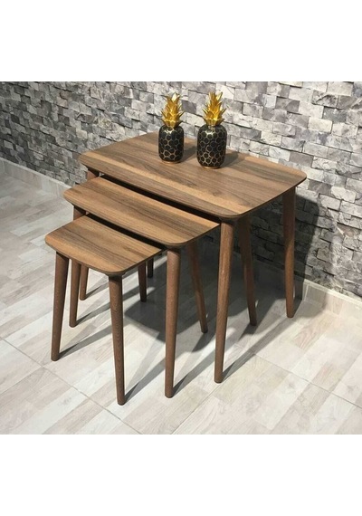 Avellino Mobilya 3lü Sehpa Mdf Ahşap Üçlü Zigon Sehpa Servis Sehpası Ahşap Ayaklı Sehpa Mdf Ceviz