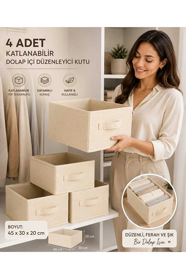 Lüx 4'lü Krem Kumaş Katlanabilir Dolap İçi Düzenleyici Kutu 45x30x20 Cm Kıyafet Ve Giysi Organizer Saklama Kutusu Bej