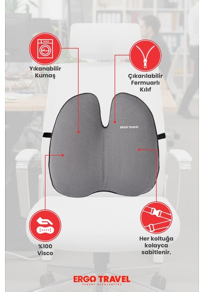 Viscofoam Ultralüks Ortopedik Bel Yastığı Ergonomik Bel Destek Minderi Ofis & Araç Uyumlu - Gri