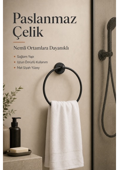 Paslanmaz Çelik Yuvarlak Yapışkanlı Siyah Yuvarlak Havluluk Banyo Askılığı