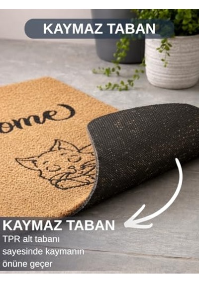 Beylini Welcome Yazılı Kedi Desenli Koko Paspas Ev Dış Kapı Giriş Paspası Tpr Kaymaz Taban Modern Su Geçirmez Diğer