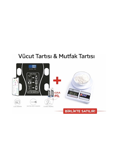 Akıllı Dijital Vücut Tartısı + Hassas Mutfak Tartısı Seti Lcd Ekran 180 Kg / 10 Kg Beyaz