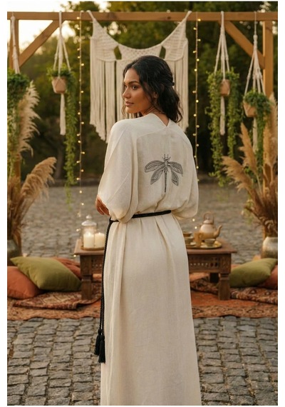 Vintero %100 Pamuk Natural Kimono Sabahlık Bej