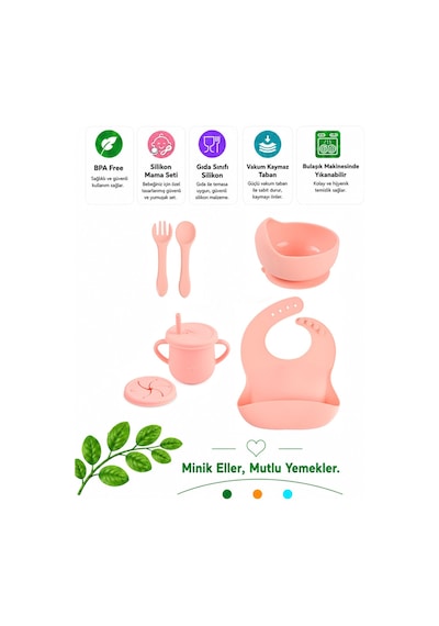 Jojobebek Silikon Vakumlu Kase, Silikon Çatal-kaşık, Silikon Pipetli Bardak, Çerez Kapağı, Önlük / Pembe