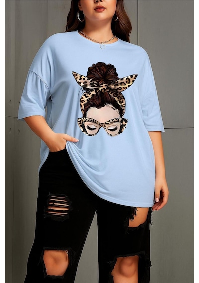 Ceny Kadın Büyük Beden Battal Baskılı Bisiklet Yaka Pamuklu T-shirt Rahat Kesim Unisex Sevgili Kombini Turkuaz