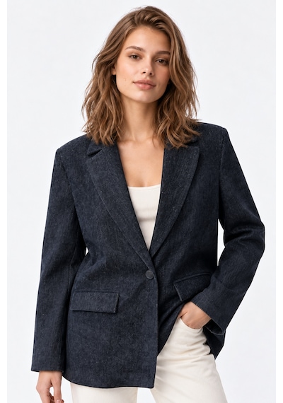 Mixray 4969 Kadın Kadife Dokulu Tek Düğmeli Blazer Ceket Lacivert