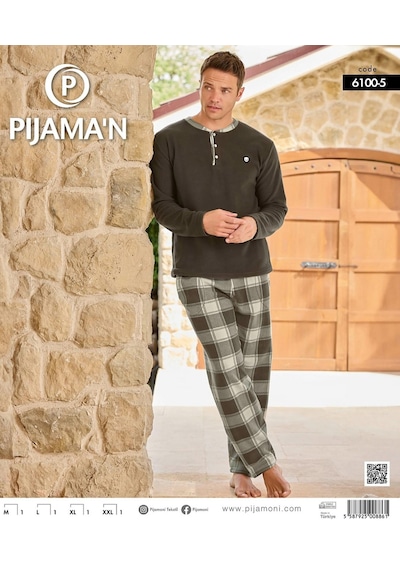 Pijamoni Erkek Düğme Yaka Kışlık Polar Pijama Takımı 6100/5 - 1 Adet Haki