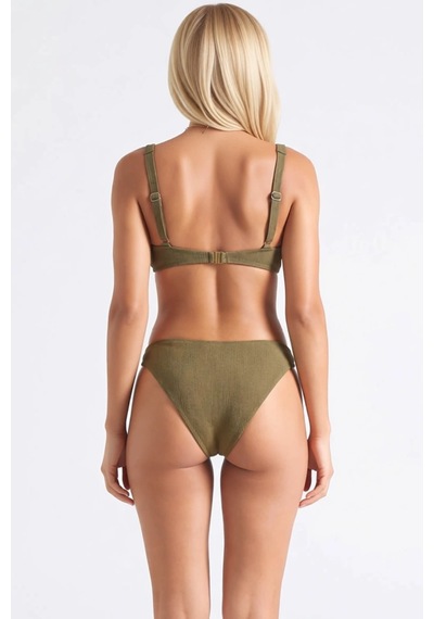 Benerly Kadın Bikini Takımı Bralette Üst Kare Yaka Kolsuz Slip Alt Normal Haki