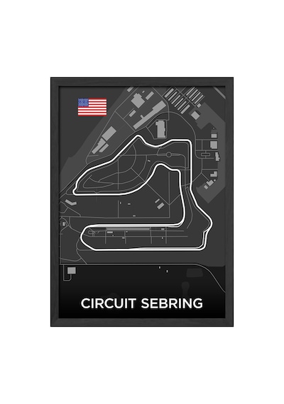 Circuit Sebring Pist Haritası Siyah Ahşap Çerçeveli Poster, Dekoratif Harita Duvar Tablosu