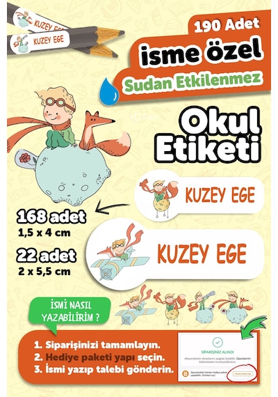 Okul Etiketi Kalem Defter İsimli Etiket Isim Yazılabilen Küçük Prens- 190 Adet Özel Tasarım Etiket Çok Renkli