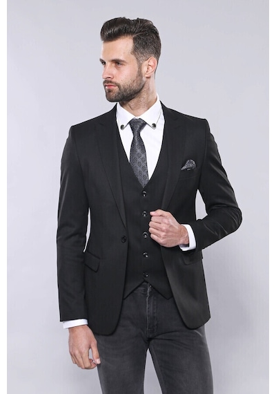 Düz Siyah Slim Fit Yelek Ceket Set Wessi 001