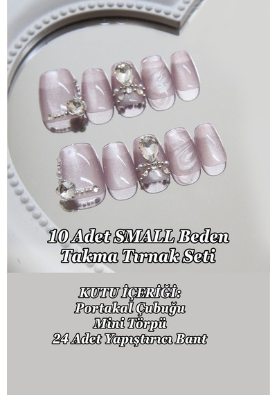 Small Beden Kedi Gözü 10 Adet Elmas İşlemeli Takma Tırnak Seti T057 Büyük Taşlı