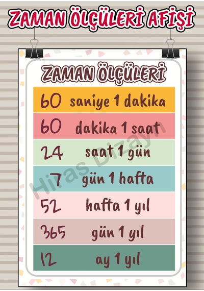 Zaman Ölçüleri Afişi Eğitici Çocuk Posteri Okul Öncesi İlkokul Sınıf Duvar Panosu Öğretmen Materyali 30x42cm A3 Kalın Kuşe Kağıt