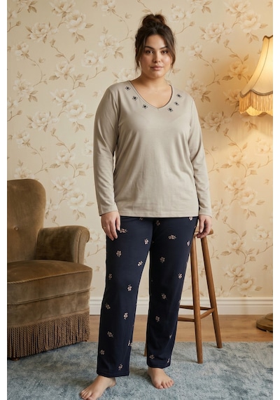 Siyah İnci Bej Desenli Nakışlı Büyük Beden Battal Boy Viskon Örme Pijama Takım 26224835