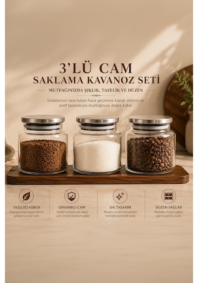 Porsima 4408 Bormio Metal Kapaklı 3lü Cam Kavanoz Seti Vakum Kapaklı Saklama Düzenleme Kabı Seti 650ml