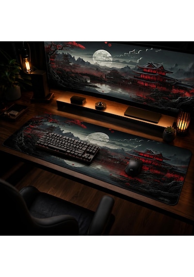 Zen Xxl Mouse Pad 90x40 Cm, Büyük Masa Matı, 3 Mm Dikişli Kenar, Kaymaz Kauçuk Taban, Gaming Mousepad Crimson Temple