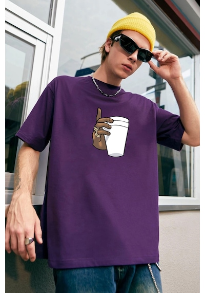 Unisex Tupac Coffee Baskılı T-shirt Mor