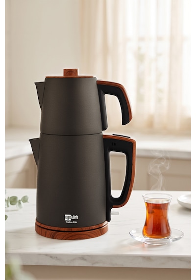 Egetürk TeaDem Style Ahşap Görünümlü Çay Makinesi Çaycı 2000W 1.7L Kettle 1.2L Demlik 304 Çelik Gövde Antrasit