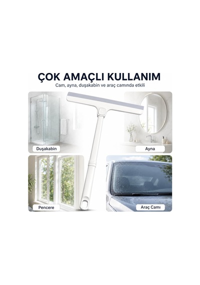 Sogud Viscomop 360 Döner Başlıklı Cam Çek - Silikon Uçlu Duşakabin Çekçek - Banyo Ayna Pencere Fayans Ve Araç Camı İçin İz Bırakmayan Su Sıyırıcı Temizlik Aparatı Açık Gri