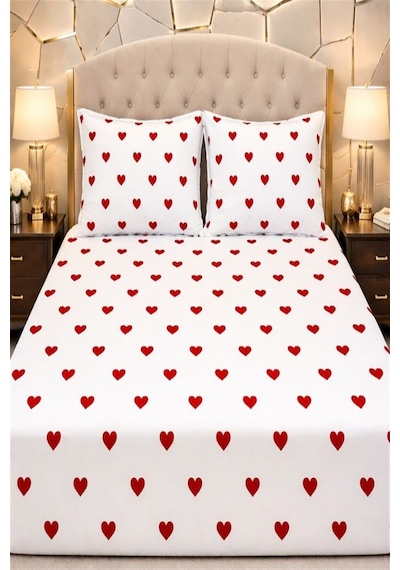 More Home Çift Kişilik Çarşaf Seti Kalp Desenli Kırmızı Beyaz