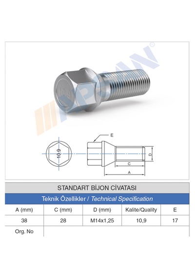 20 Adet Standart Bijon Civatası 28mm M14x1,25 Diş