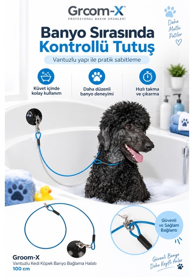 Groom-x Vantuzlu Kedi Köpek Banyo Bağlama Halatı 100 Cm - Banyolar Artık Daha Güvenli