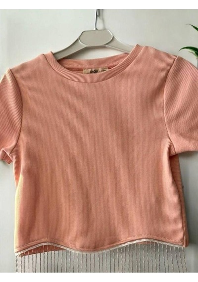Zekids Kız Çocuk Zincirli Fitilli Crop T-shirt-14396 Somon