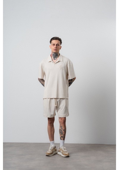 Erkek Respire Relined Yazılı Regular Fit T-shirt Şort Takım Bej
