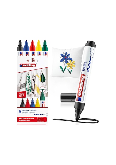 Edding 4500 Tekstil Kalemi - Siyah, Kırmızı, Mavi, Yeşil, Sarı - 5 Adet. - 2-3 Mm Yuvarlak Uç