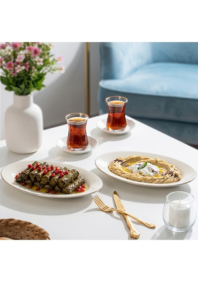 Porsima 4442 Gardenya Porselen Platin Fileli Kayık Tabak Seti - Oval Kahvaltılık Sunumluk Seti 25cm Beyaz
