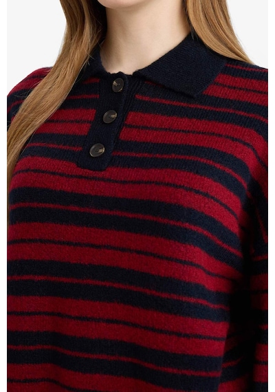 Defacto Loose Fit Polo Yaka Çizgili Triko Kazak Tunik G7240ax25cwnv207 Lacivert-nv207