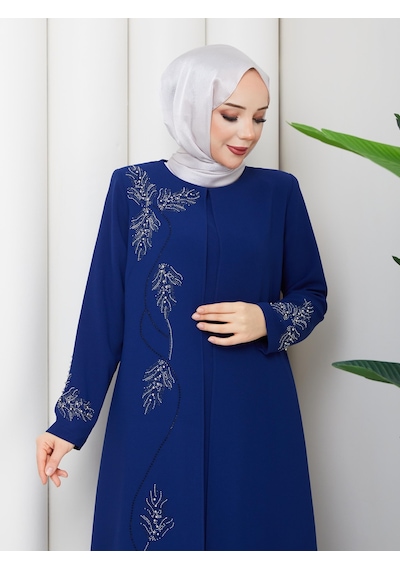 Eslemnur Büyük Beden Yaprak Taşlı Anne Elbisesi En7008 Saks Mavi
