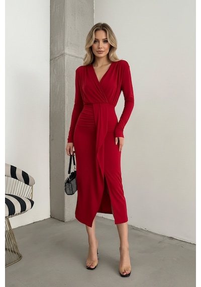 Defymoda Kadın Kruvaze Yaka Şık Tasarım Elbise Kırmızı