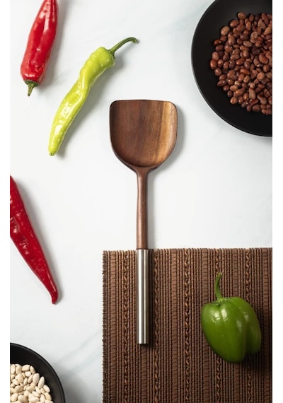 Çelik Saplı Servis Takımı - Akasya Servis Spatula Servis Seti 31 Cm Kahverengi