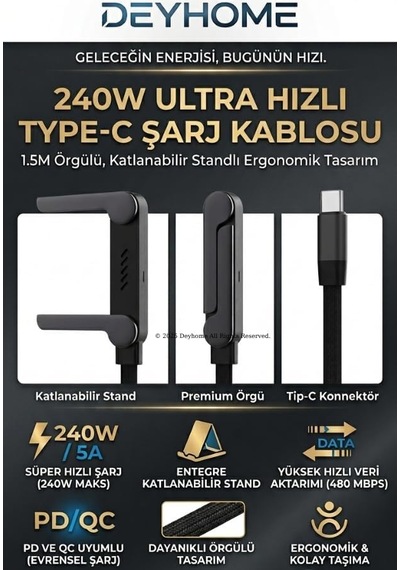 240w Ultra Hızlı Type-c Şarj Kablosu 1.5m Örgülü, Katlanabilir Standlı Ergonomik Tasarım, Pd Hızlı Şarj Ve Data Aktarım Kablosu