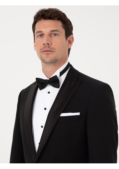 Cacharel Siyah Slim Fit Yün Karışımlı Kırlangıç Yaka Smokin Damatlık