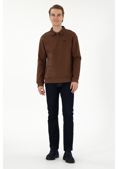 U.S. Polo Assn. Erkek Comfort Fit Yarım Fermuarlı Kahverengi Basic Sweatshirt 50298265-VR029