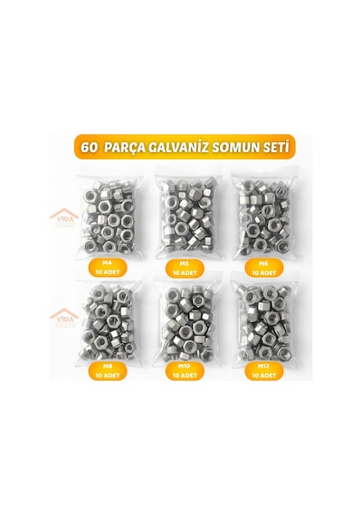 Vida Hane Galvanizli Somun Seti 60 Parça M4 M5 M6 M8 M10 M12 1
