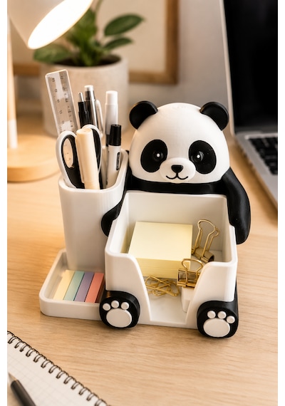 Panda Tasarımlı Masaüstü Organizer Kalemlik Notluk Ofis Çalışma Masası Düzenleyici Siyah Beyaz